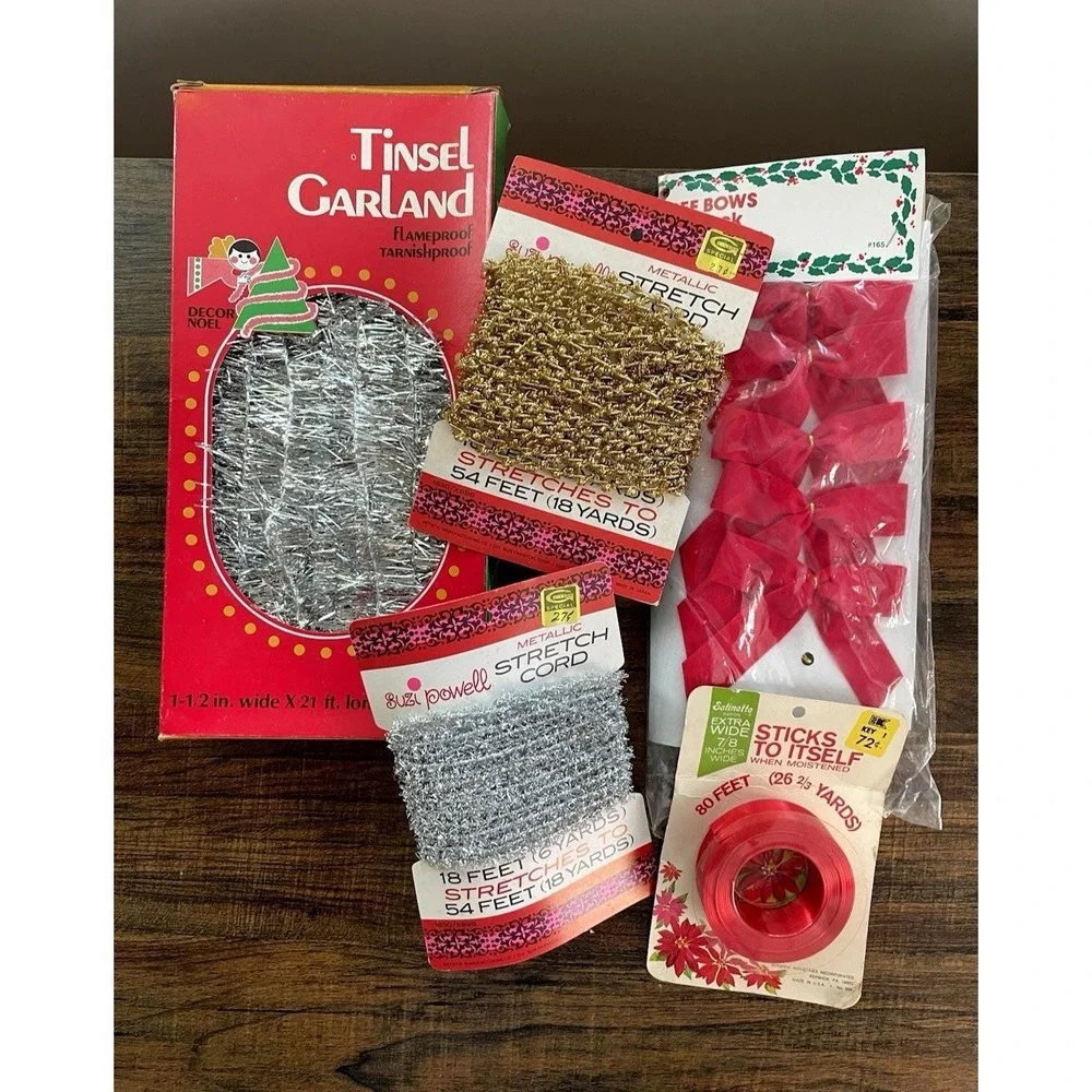 Vintage Christmas Lot Tinsel Garland Metallic Stretch Cord Ribbon Red Tree Bows